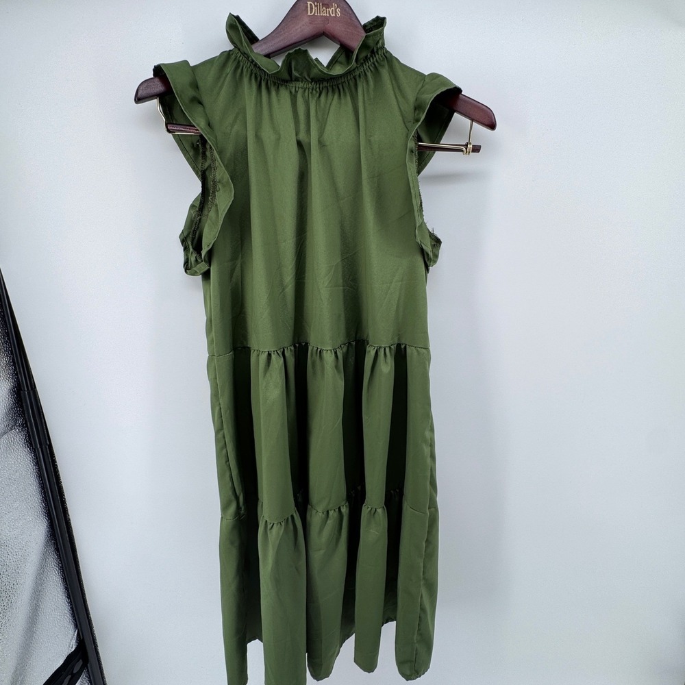 Olive Green Ruffle High Neck Tiered Sleeveless Mini Dress Summer Casual Boho